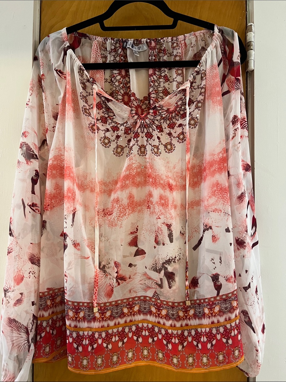 Jennifer Lopez Coral and White Sheer Peasant Tunic